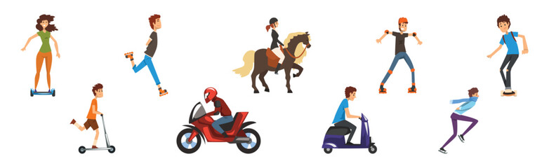 Man and Woman Ride and Drive Different Kind of Urban Transport Vector Set