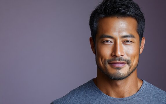 handsome man smiling with a mustache and a causal t-shirt
