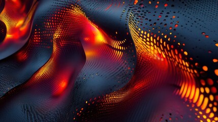 Futuristic glowing shapes in deep red and gold, arranged against a textured black carbon fiber background.