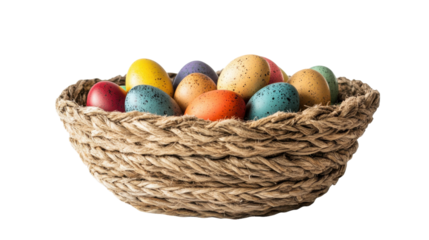 Colorful easter eggs resting in a rustic rope basket on transparent background