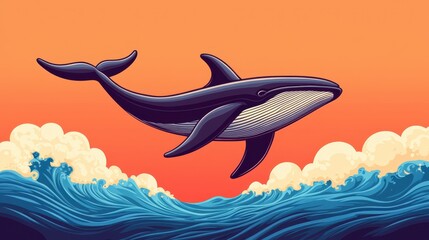 A magnificent, mythical flying whale gracefully glides through the sky, soaring above the vibrant waves of the ocean as the sun sets, painting the horizon with beautiful colors. 