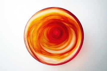A swirling, vibrant glass bowl in shades of red, orange, and yellow, creating a captivating visual effect.