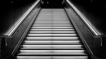 Monochromatic Stairwell: A Study in Architectural Lines and Light.  Modern building interior with sleek metal railings and contrasting light and shadow.