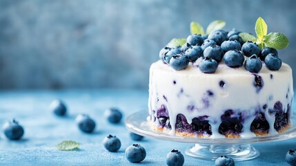 A sumptuous blueberry cream cake with a glossy glaze and a vibrant topping of blueberries, offering a delightful feast for the eyes and the palate at gatherings.