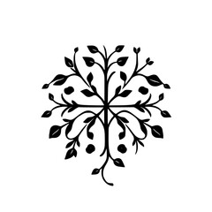 Elegant Black and White Floral Cross Design: Symmetrical Botanical Illustration, Nature-Inspired Pattern for Decor and Graphics