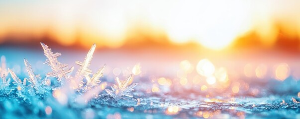 Ice melting climate change idea. Stunning morning frost illuminated by sunlight, revealing intricate ice patterns.