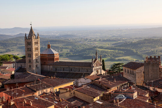 Massa Marittima old town and San Cerbone Duomo cathedral. Tuscany, Italy.