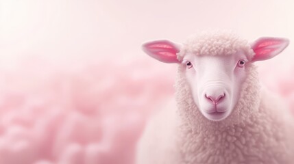 Fototapeta premium Surreal depiction of a beautiful sheep with fluffy fur created against a dreamy pink backdrop, evoking a whimsical atmosphere and capturing the essence of tranquility in nature