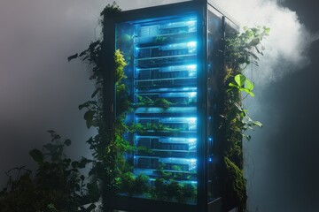 A server rack, overgrown with lush greenery, symbolizes sustainable technology and eco-friendly data centers.