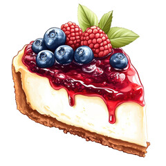 transparent background, PNG, A digital illustration of a fluffy cheesecake slice with a glossy berry compote topping, blueberries and raspberries as garnish, artistic and appealing visual