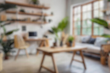 Blurred view of modern living room with sofa and soft bench. room interior with couch, armchair and coffee table or shelving units. stylish living room. comfortable workplace near big window.