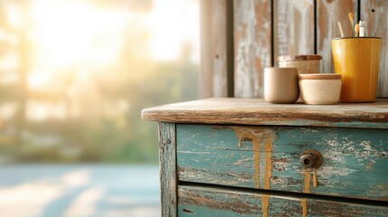 Obraz premium A rustic wooden table displays an assortment of fresh juices in charming glass containers, evoking a sense of warmth and inviting freshness into any setting.