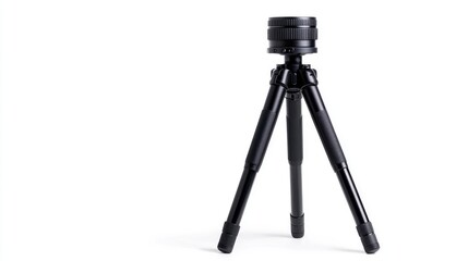 Compact tripod with camera lens, isolated on white, for photography or videography