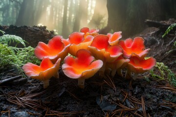 Vibrant orange mushrooms cluster in a sunlit forest, showcasing their delicate, ruffled caps.