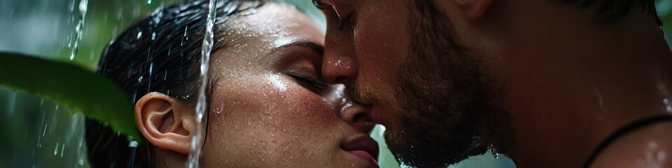 Naklejka premium Close-up of Couple Kissing in Rain