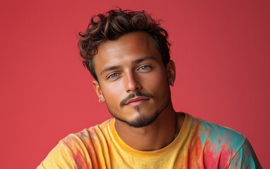 Fototapeta premium handsome man smiling with a mustache and a causal t-shirt