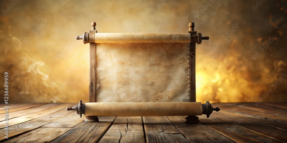 Aufkleber Ancient Parchment Scroll on Rustic Wooden Table with Warm Background