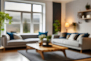 Blurred view of modern living room with sofa and soft bench. room interior with couch, armchair and coffee table or shelving units. stylish living room. comfortable workplace near big window.