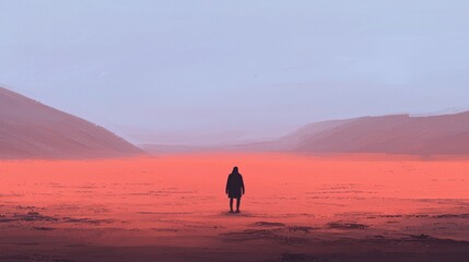 Obraz premium Solitary Figure in Vast Red Landscape with Soft Blue Horizon