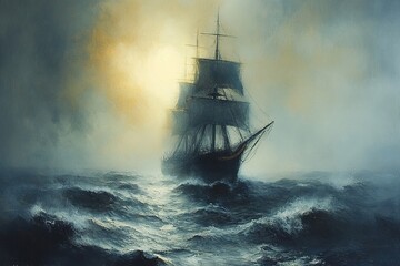Obraz premium Sailing ship on a stormy sea, with a sunlit background. Stock photo