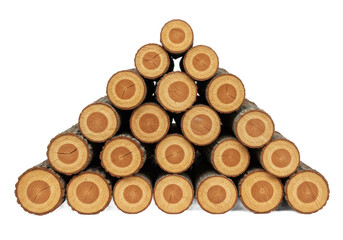 Pile of neatly stacked tree logs with bark texture visible, isolated on white background