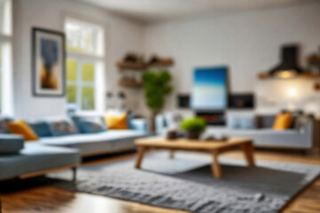 Blurred view of modern living room with sofa and soft bench. room interior with couch, armchair and coffee table or shelving units. stylish living room. comfortable workplace near big window.