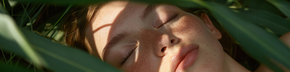 Close-up of Freckled Face Partially Hidden by Green Leaves