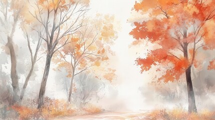 Fototapeta premium a misty autumn forest path lined with towering maples and oaks, their leaves painted in vibrant watercolor washes of orange, red, and gold, creating a dreamy horizontal composition