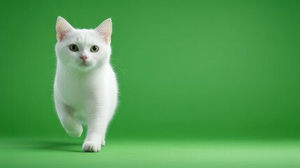 Obraz premium White cat walks gracefully across a green background showcasing its elegant demeanor and playful nature with bright eyes focused ahead