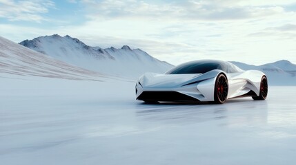 A modern white car is positioned on a frozen mountain landscape, combining luxury design with the rugged beauty of nature and showcasing winter adventure.
