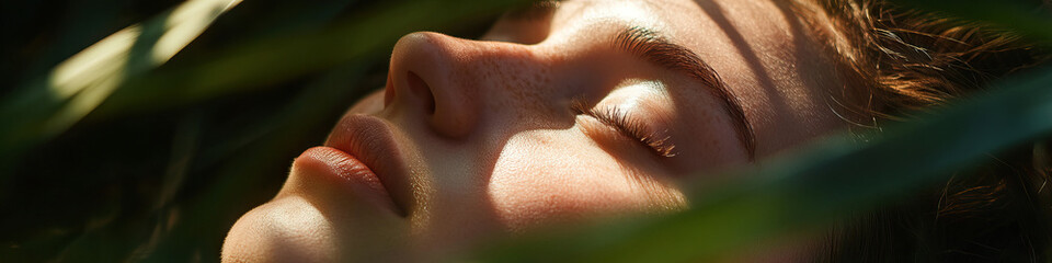 Fototapeta premium Close-up of Woman's Face Partially Obscured by Foliage