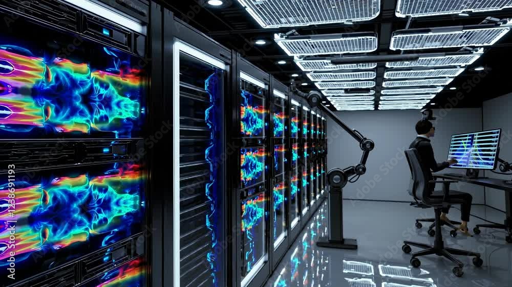 Poster exploring a modern data center with advanced server technology and efficient operations at night
