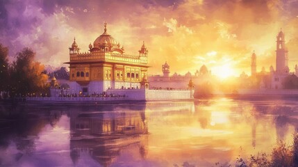 a serene sikh temple illuminated by golden sunset rays, delicate watercolor washes in amber and purple, reflective pool in foreground, ethereal atmosphere
