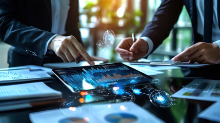 In a modern office setting, professionals analyze data visualizations on a tablet, collaborating to drive informed business decisions and enhance strategic planning through data-driven insights.