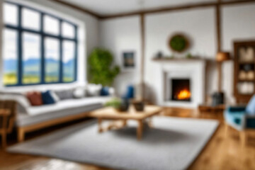 Blurred view of modern living room with sofa and soft bench. room interior with couch, armchair and coffee table or shelving units. stylish living room. comfortable workplace near big window.