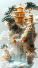 Fototapeta premium traditional suspended mountain building landscape poster background