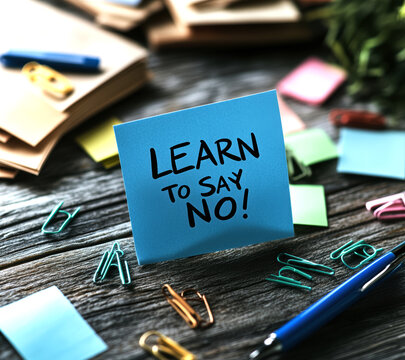 A motivational reminder on a sticky note emphasizes the importance of setting boundaries in life and work.