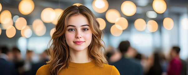 Fototapeta premium Networking event concept. A young woman smiling with a warm expression in a modern, softly lit environment.
