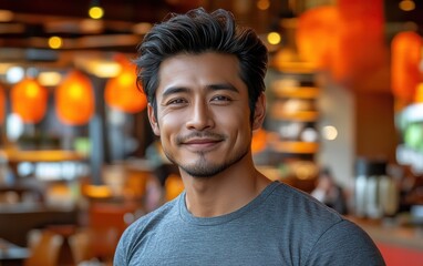 Fototapeta premium handsome man smiling with a mustache and a causal t-shirt