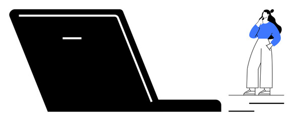 Woman in blue shirt and white pants standing thoughtfully near oversized laptop, representing contemplation, technology, solutions, innovation, brainstorming, creativity, digital thinking. Ideal