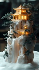Obraz premium traditional suspended mountain building landscape poster background