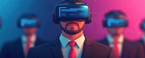Networking event idea. A businessman wearing a VR headset, immersed in a virtual reality experience.