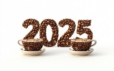2025 Designed from Roasted Coffee Beans and Cups of Espresso Isolated on a White Background