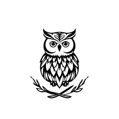 Majestic Owl: Black and White Bird Illustration.  A stunning vector graphic of a wise owl perched on branches, perfect for nature lovers and design projects.