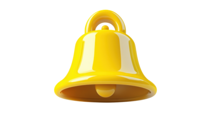 Shiny yellow bell icon with transparent background representing notification