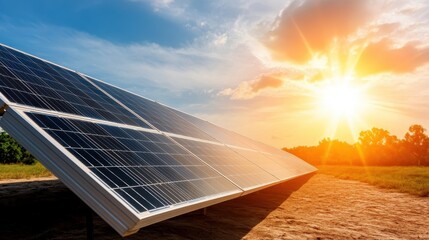 A stunning view of solar panels basking in the golden glow of sunset, showcasing renewable energy's harmony with nature and the promise of sustainability.