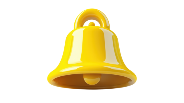 Shiny yellow bell icon with transparent background representing notification