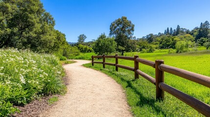 Fototapeta premium Scenic Pathway Through Lush Green Landscape Under Clear Blue Sky