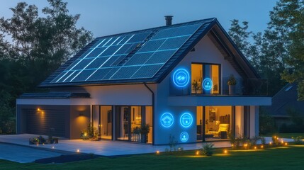 Naklejka premium Modern eco-friendly home with a sleek design, solar panels, and smart technology integrated into the walls, with glowing icons for energy monitoring.