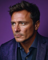 Obraz premium A man with a beard and a purple jacket